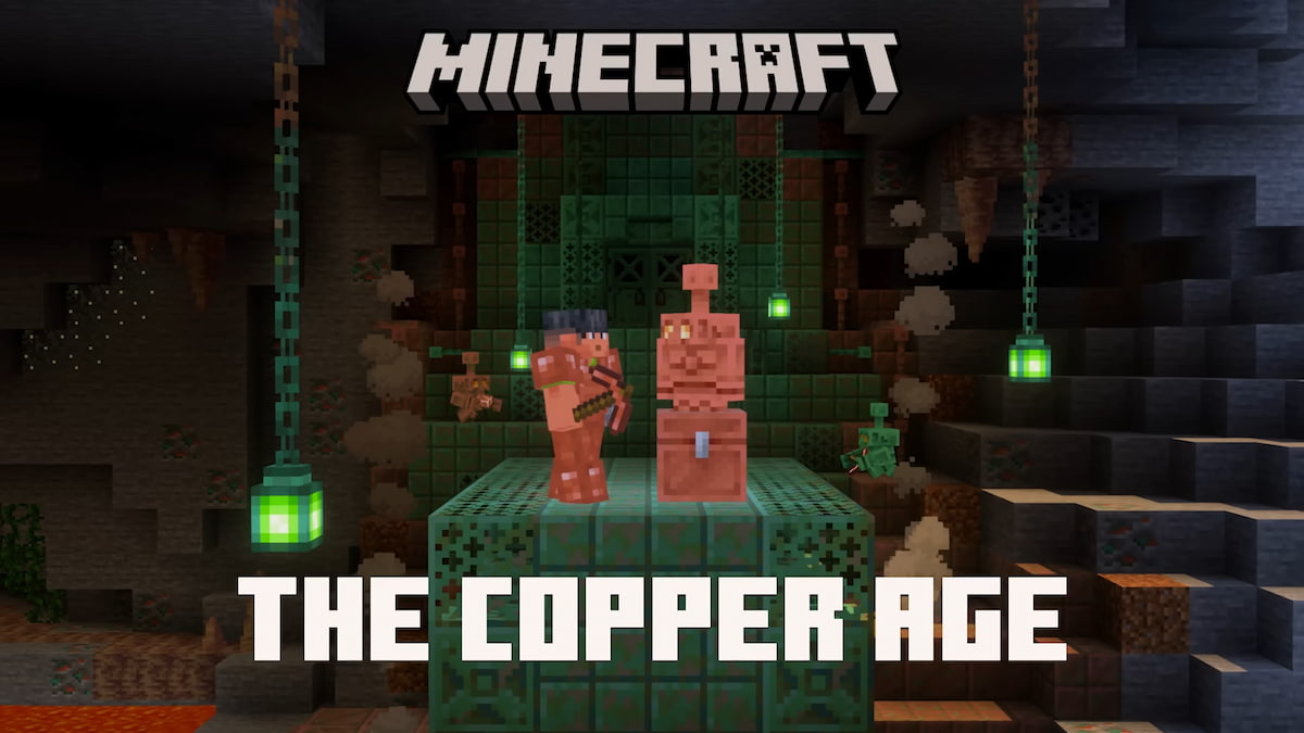 A player in copper armor next to a copper golem in minecraft