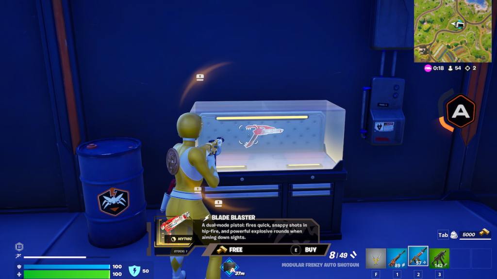 Yellow ranger looking at case with blade blaster in it in fortnite