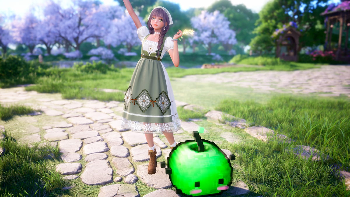 Nikki standing with one hand up in the air behind a Junimo in the infinity nikki stardew valley collab