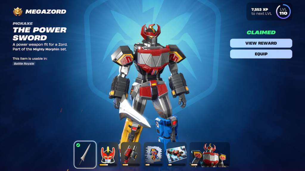 Page one megazord rewards featuring megazord holding a sword in fortnite