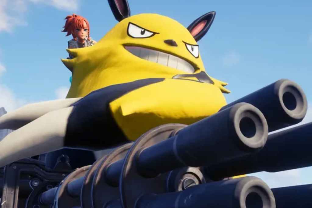 A massive creature with a minigun and a girl on its shoulder in Palworld. 