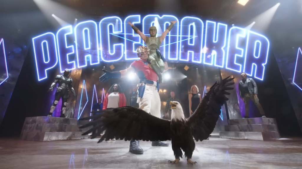 The peacemaker opening credits with Eagly holding out his wings, Peacemaker posing, and the rest of the group around him