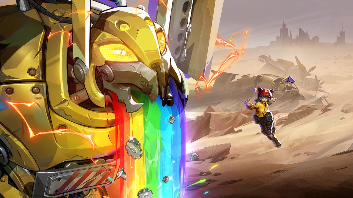 Peni jumping through the air reaching for her mech as it pukes up a rainbow in marvel rivals