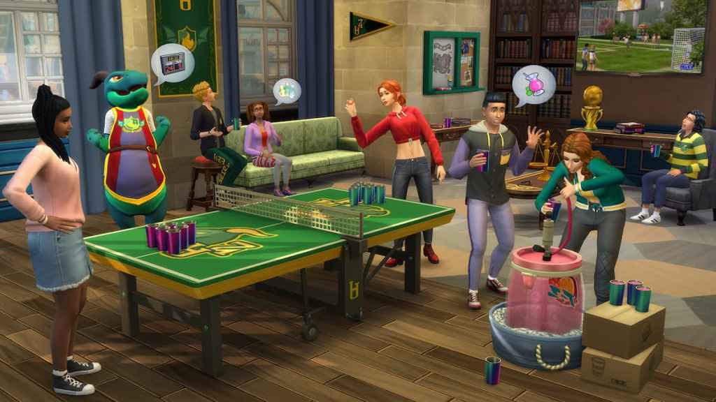 Sims at university playing ping pong and drinking out of a keg in the sims 4