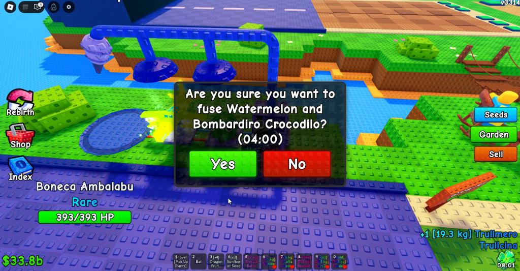 A player using the fuse machine in Plants vs Brainrots Roblox experience.
