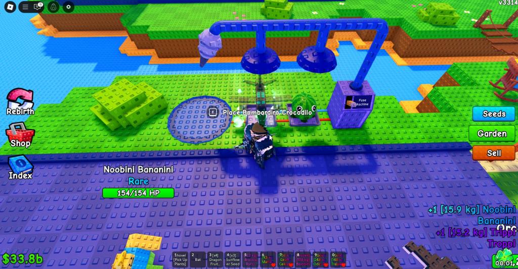 A player using the fuse machine in Plants vs Brainrots Roblox experience.