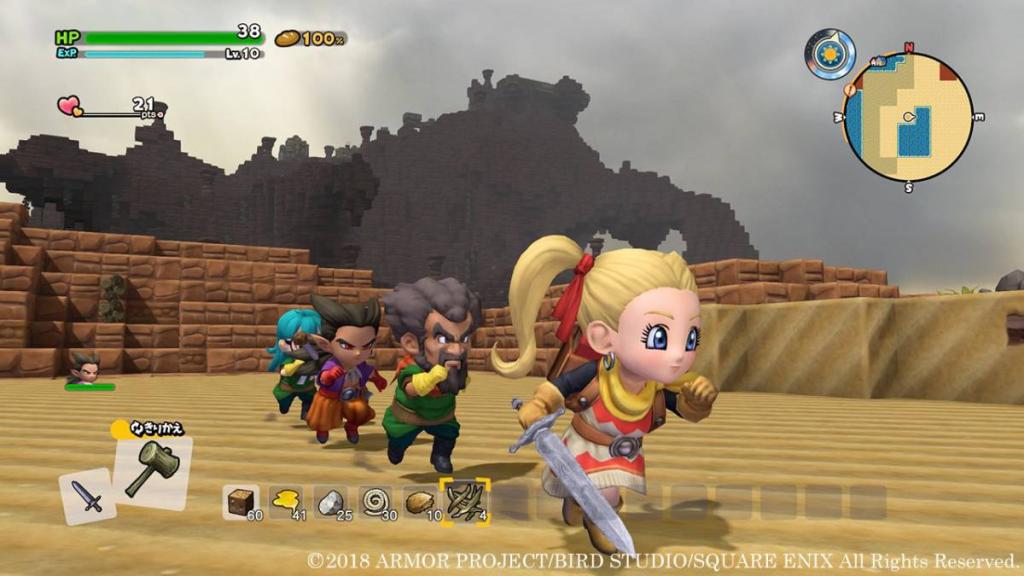 The Dragon Quest Builders 2 party runs through a desert environment