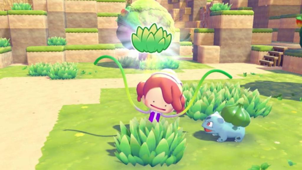 A ditto transformed into a human-like shape holds up grass