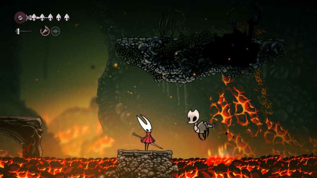 The main character and a skeleton in Hollow Knight Silksong amid a pool of lava.