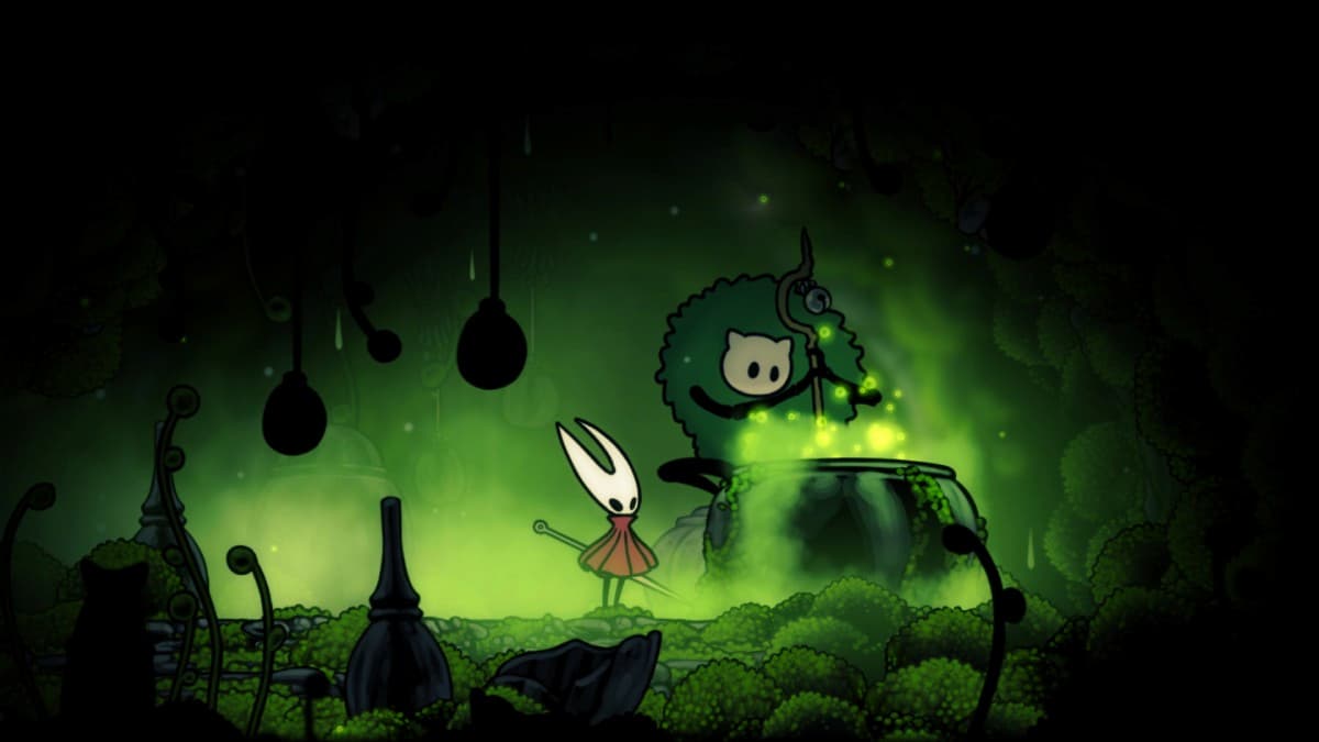 The main character standing next to a druid in Hollow Knight: Silksong.