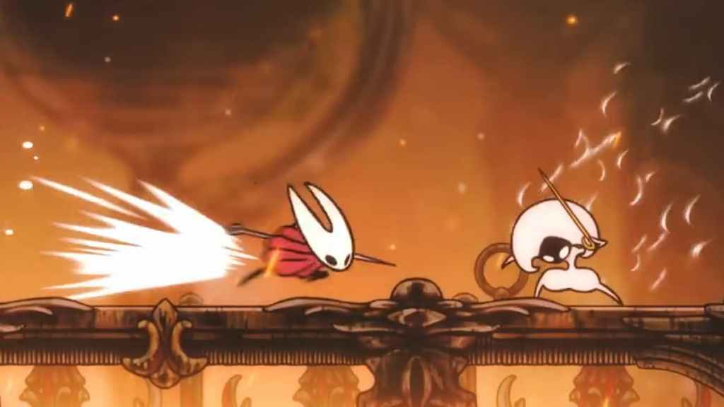 The main character in Hollow Knight Silksong fighting a sword duelist on a platform above lava.