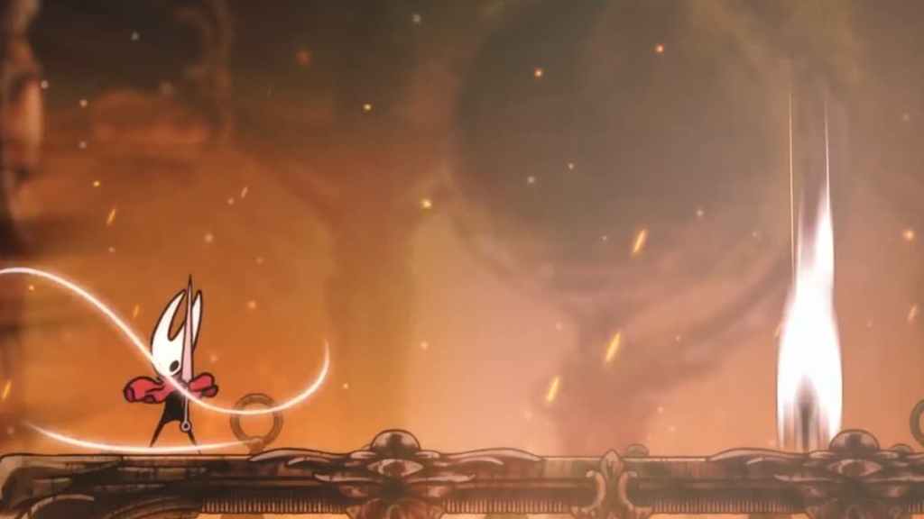 The main character in Hollow Knight Silksong healing while an enemy dives to the ground.