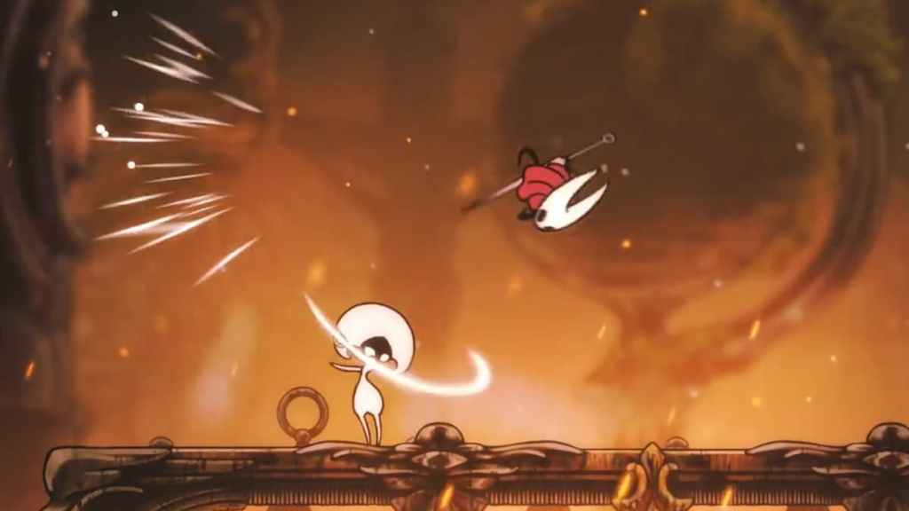 The main character in Hollow Knight Silksong jumping over an enemy's attack.