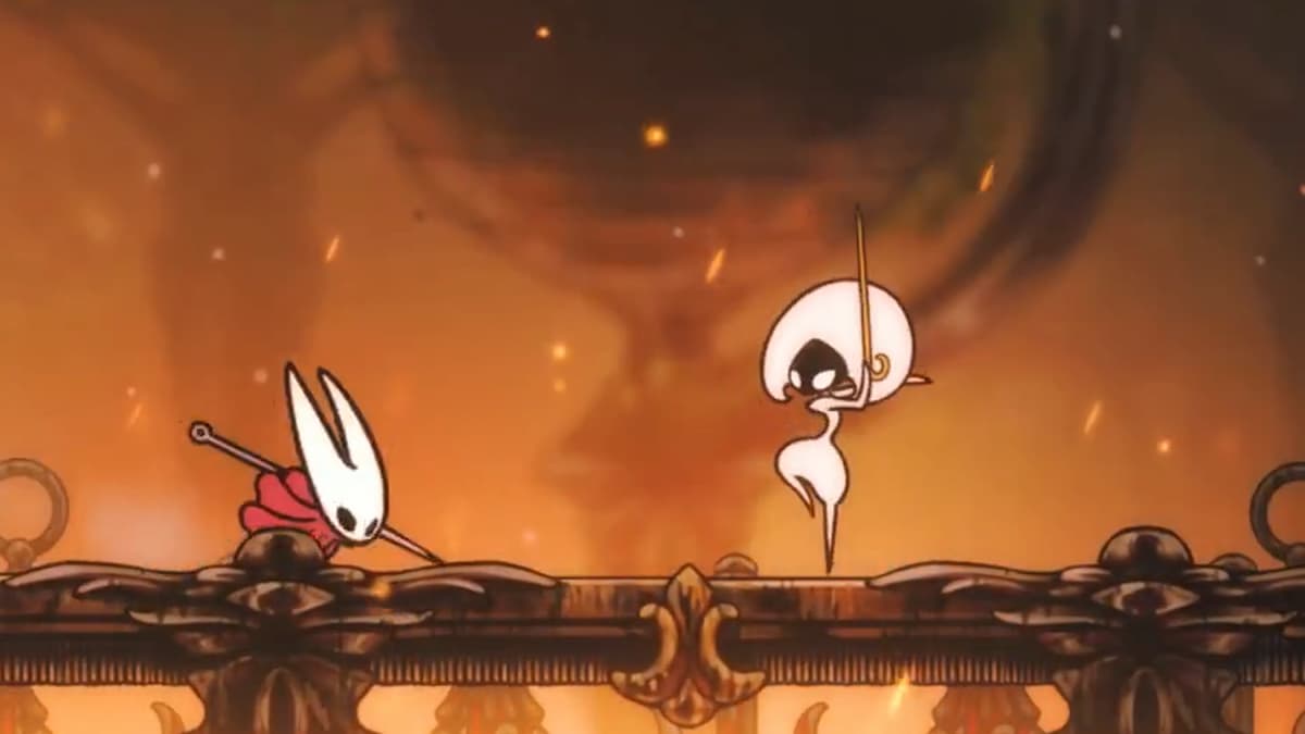 The main character in Hollow Knight Silksong fighting a sword duelist.