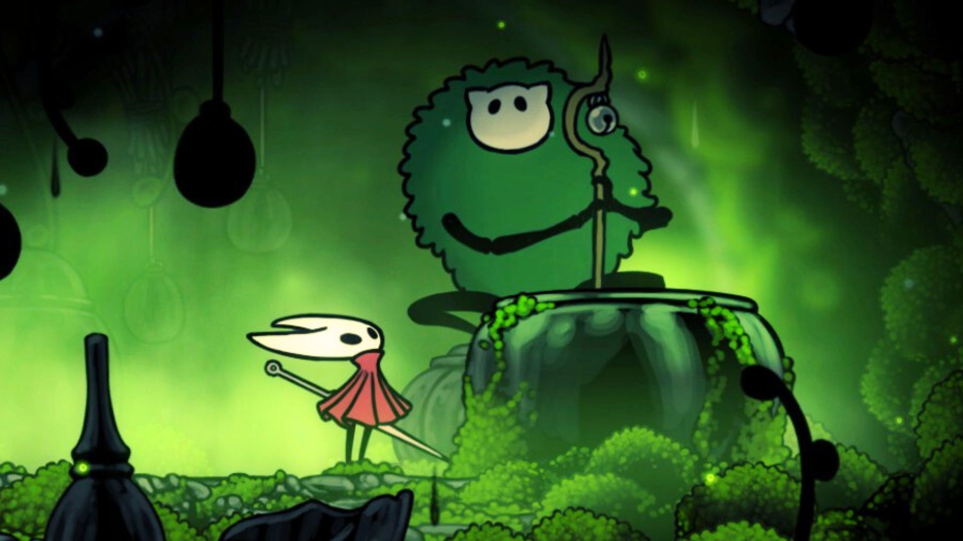Hornet looking at the Moss Druid cooking in Hollow Knight: Silksong