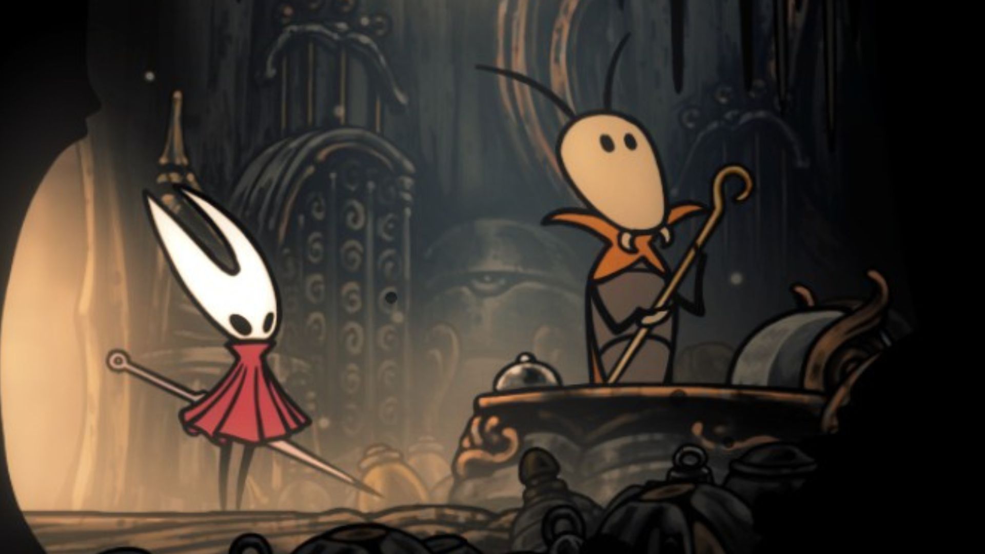 Hornet standing next to Pinmaster Plinney in Hollow Knight: Silksong
