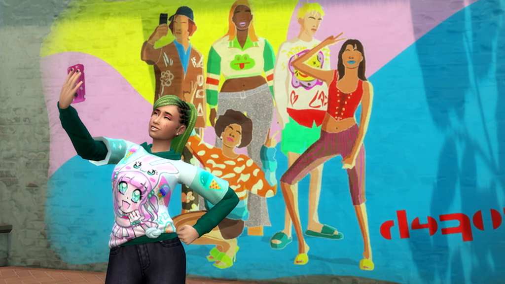 A sim with green hair taking a  picture in front of a colorful mural in the sims 4