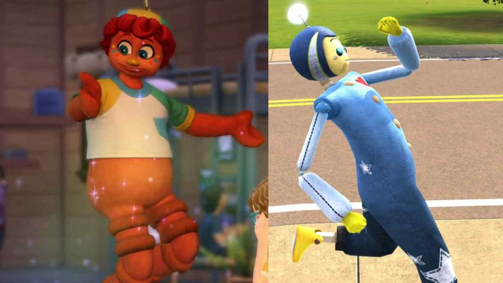 An orange imaginary friend floating in the air in the sims 4 next to a blue imaginary friend running in the sims 3