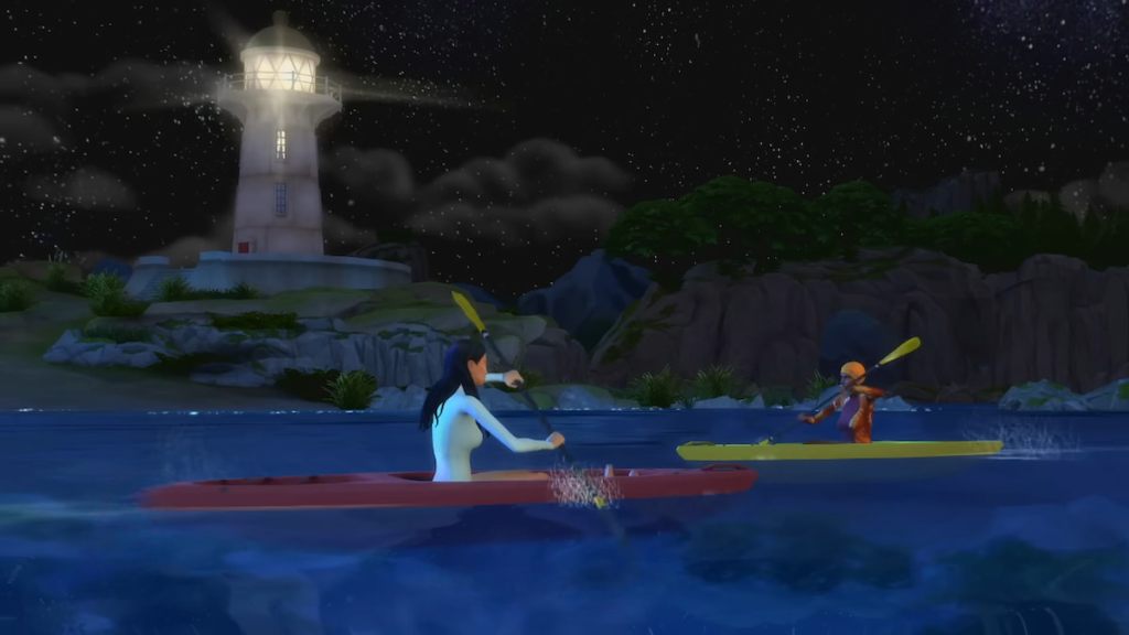 Two sims kayaking in front of a lighthouse in the sims 4