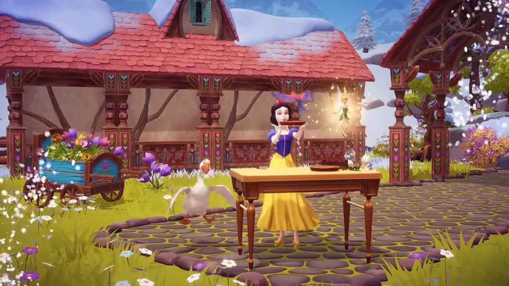 Snow White and Tinker Bell by a table in disney dreamlight valley