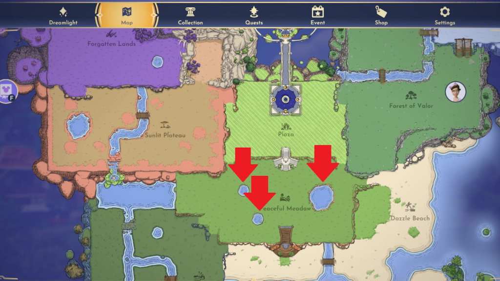 water in the peaceful meadow biome marked in disney dreamlight valley