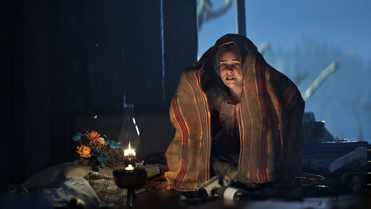 A child wrapped in a blanket in a ruined attic in Hell is Us.