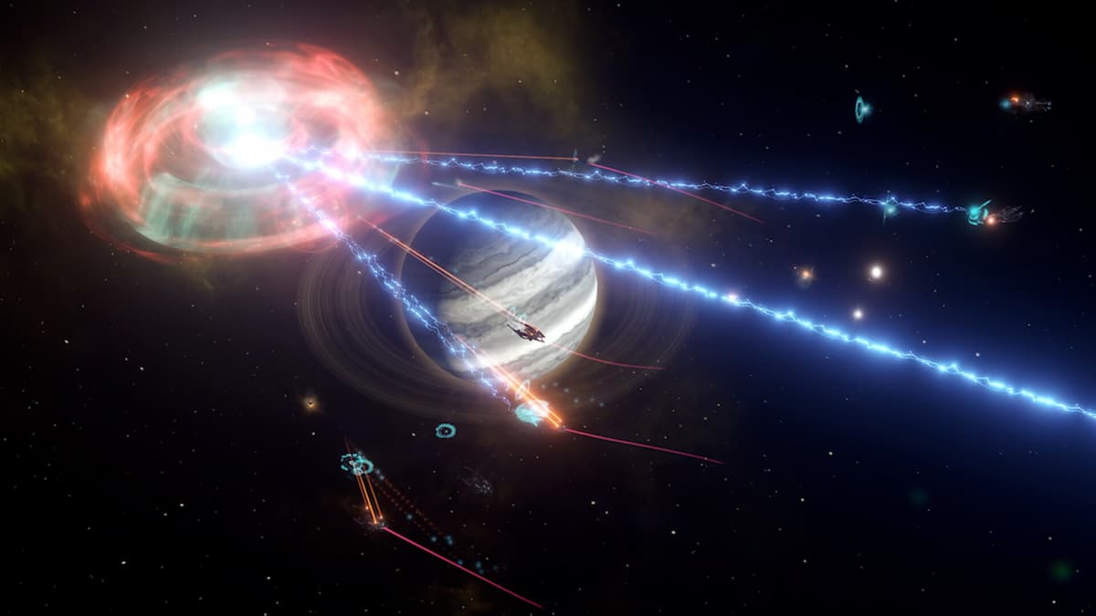 A cosmic battle occurring in Stellaris.