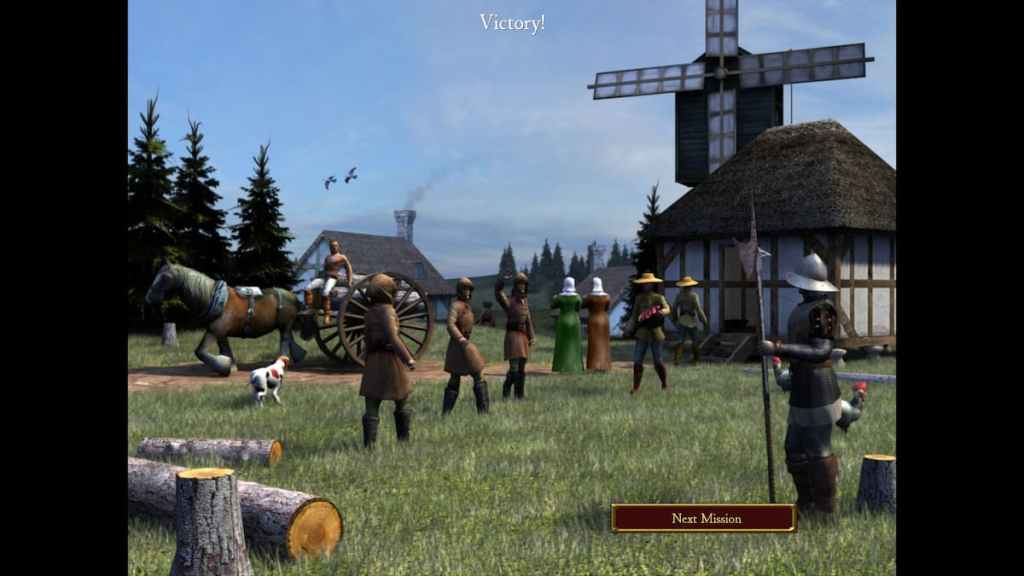 A victory screen in Stronghold 2 showing peasants, soldiers, and others walking through a village.