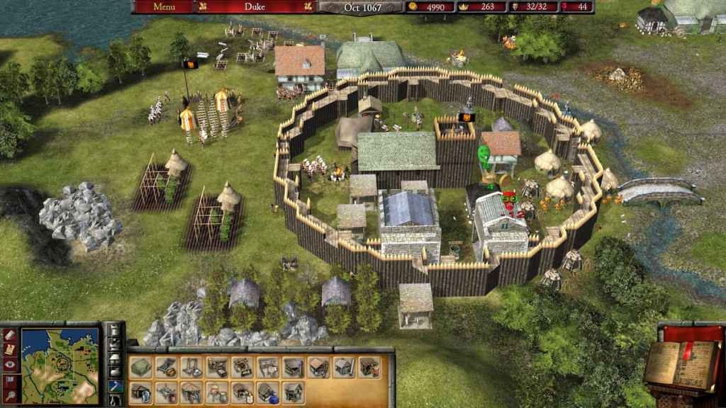 A medieval settlement in Stronghold 2 with wooden ramparts, farms, and other buildings.