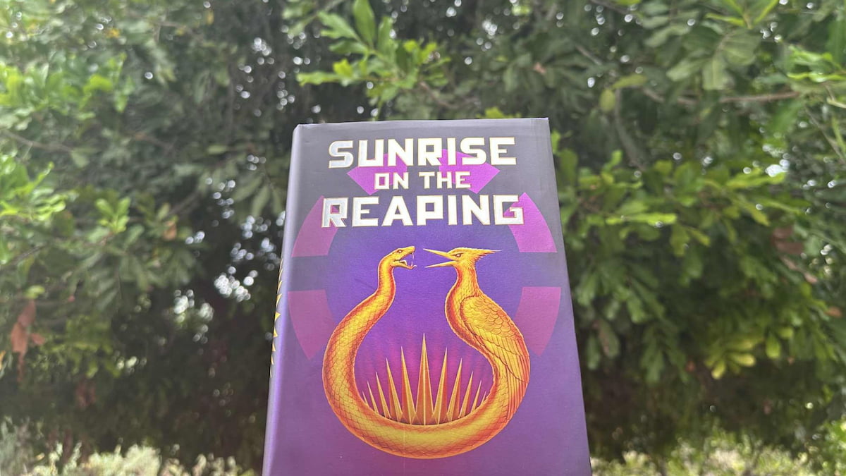 Sunrise on the reaping book in front of a green tree