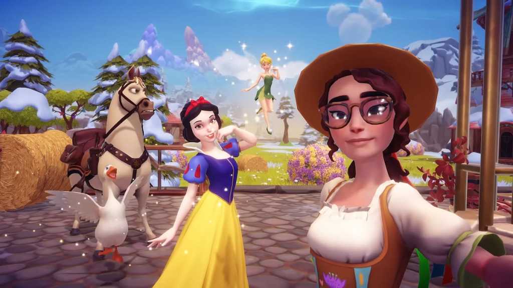 Taking a picture with Snow White, Tinker bell, Maximus, a goose in disney dreamlight valley