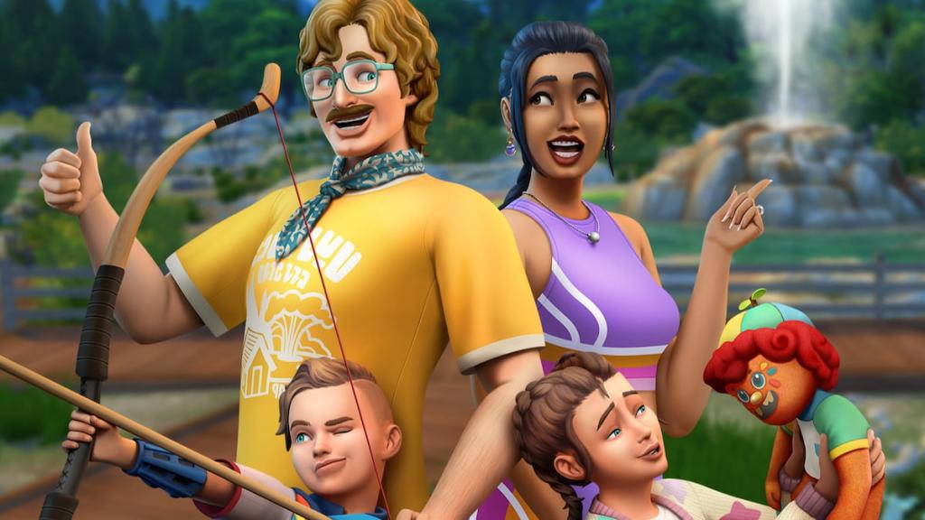 A camp director, kid who is holding a bow, child with an orange imaginary friend, and woman in exercise gear standing close together in the sims 4