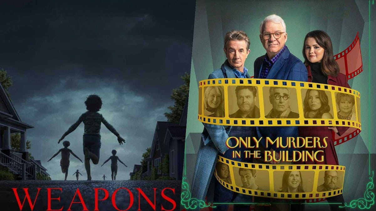 Children running down a street at night in Weapons next to Oliver, Mabel, and Charles surrounded by yellow movie tape in Only Murders in the Building