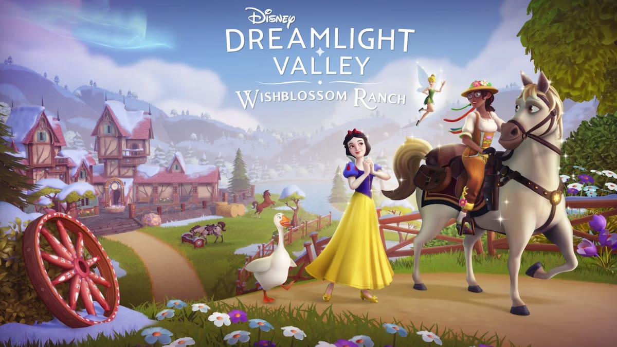 Snow White, Tinker bell, Maximus, a goose, and the player riding maximus in disney dreamlight valley