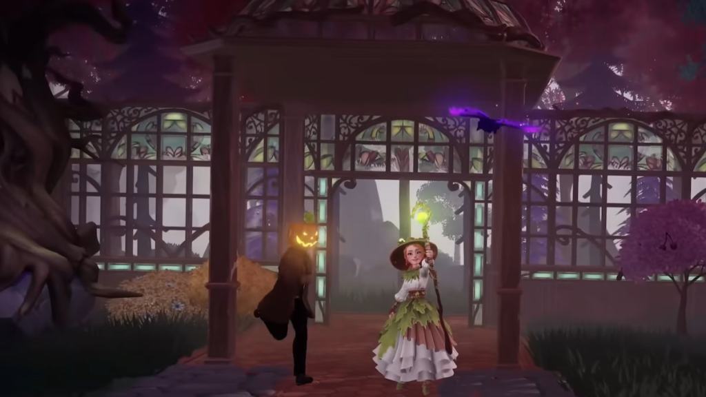 A man with a glowing pumpkin head running toward a mushroom witch holding a staff in front of a greenhouse in disney dreamlight valley