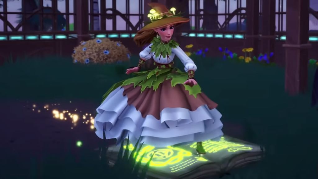 A witch with a mushroom hat and leafy dress riding a glowing green book glider in disney dreamlight valley