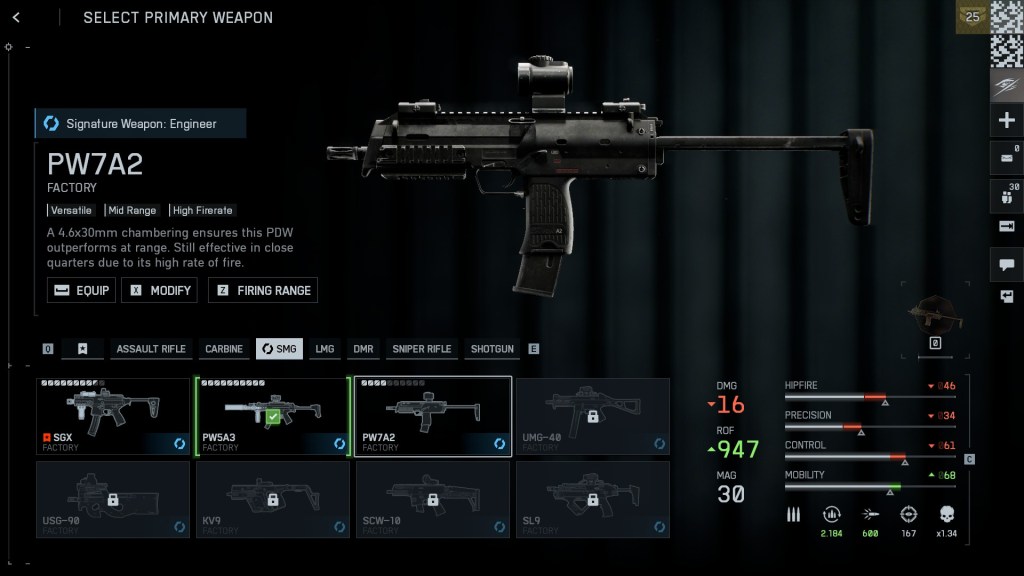 The PW7A2 weapon modelled after the MP7 in Battlefield 6.