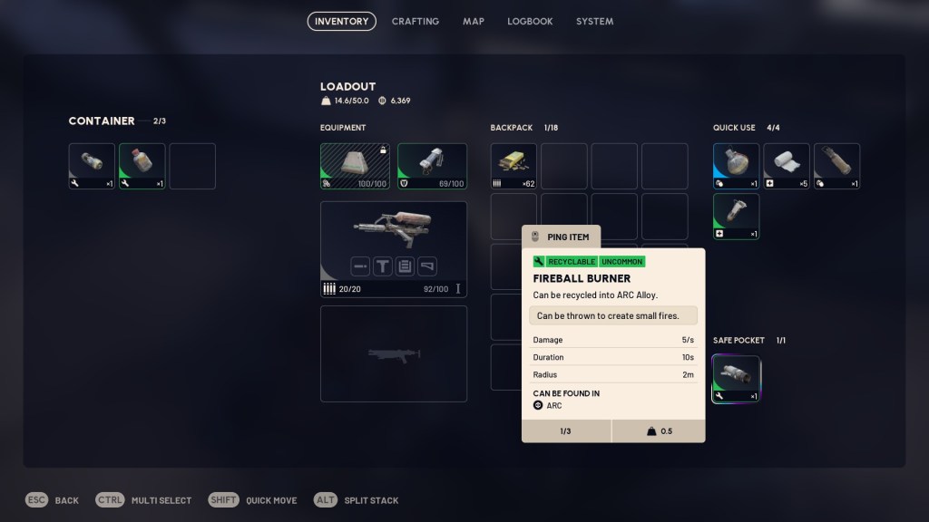 An inventory screen highlighting the Fireball Burners item in ARC Raiders. 