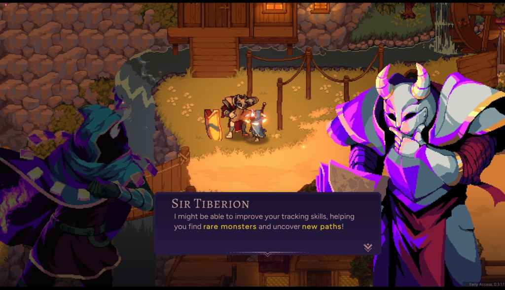 A screenshot from Aethermancer showing a knight in armor with horns and a dialogue box.