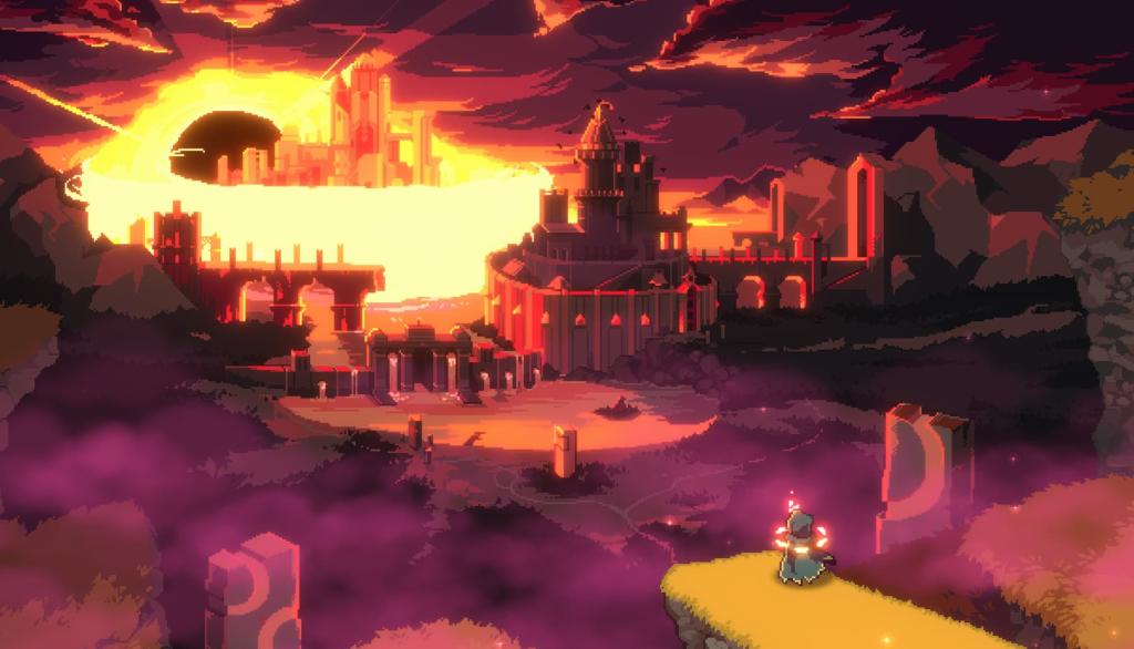An image from Aethermancer showing a character on a cliff staring out at a colorful sunset over a purple void.