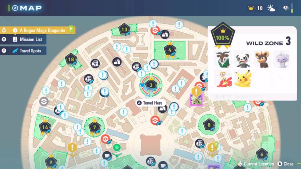 A menu in Pokémon Legends Z-A shows Wild Area 3 in Rouge Plaza