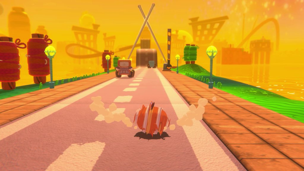 Bubsy spinning on a road