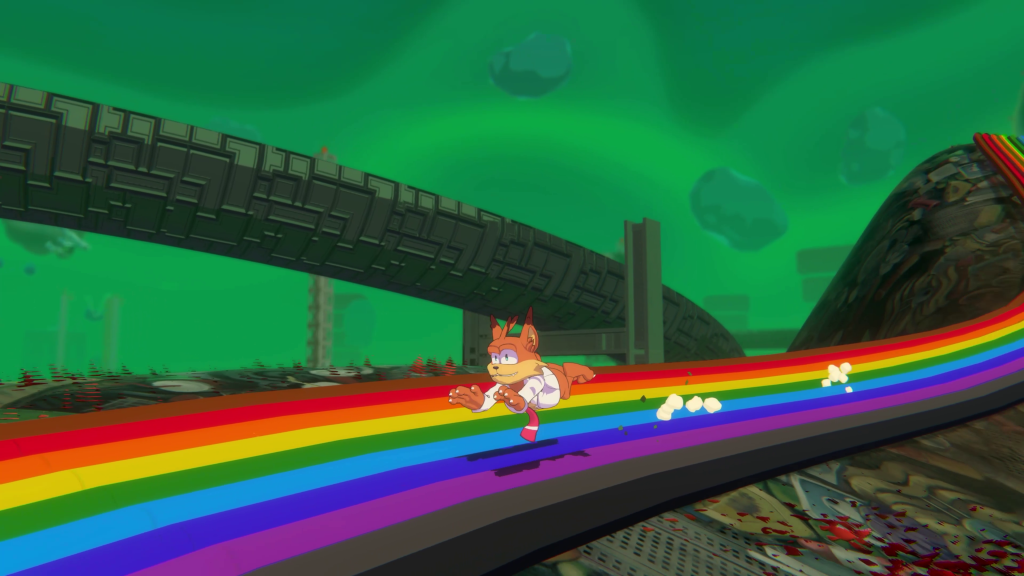 Bubsy riding a rainbow