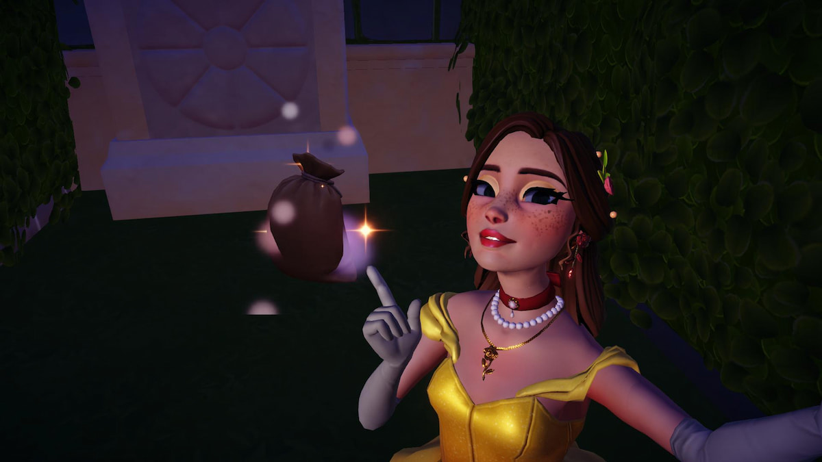 Pointing at castle detritus sack in disney dreamlight valley