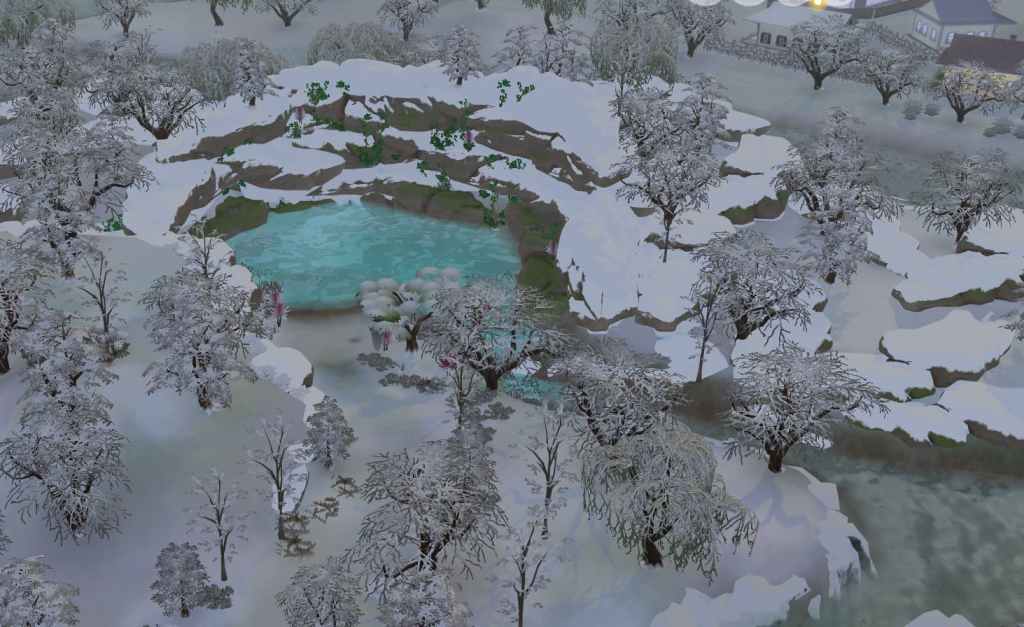 This screenshot from The Sims 4 shows a winter tundra with a small round pond. This shows the location of the Electric Lagoon. 
