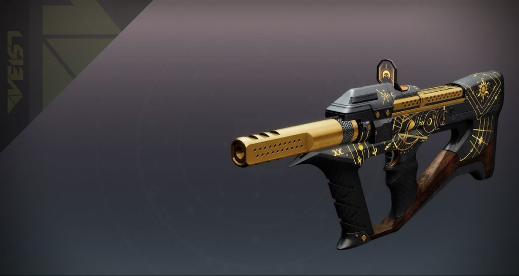 Gunburn, a Veist SMG covered in black with arcane symbols scrawled upon it in gold. 