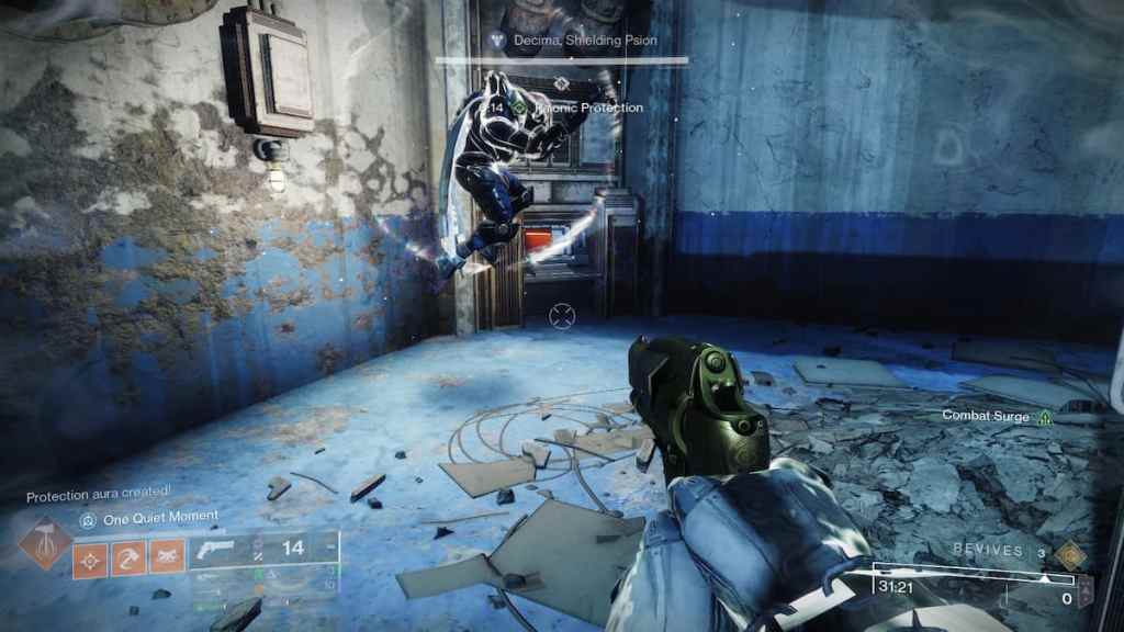 Decima, Shielding Psion, appears in front of a terminal in the Heliostat mission.