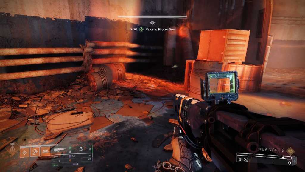 A guardian looks behind some crates at the beginning of Heliostat and discovers a data pad.