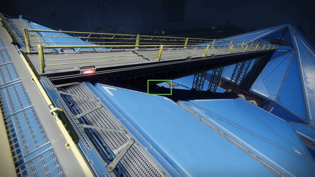 A data pad is highlighted below a yellow walkway in Heliostat in Destiny 2