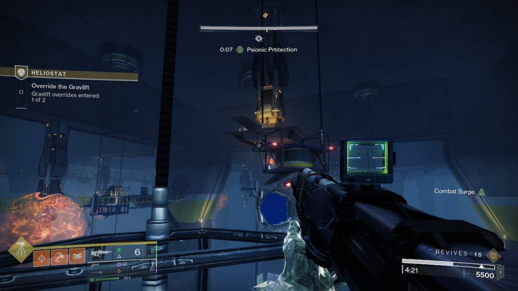 A guardian points at a luminous Vex shape during Heliostat.